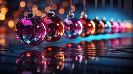christmas baubles hanging on blue strings with different lights, in the style of psychadelic surrealism, photo-realistic compositions, light gold and magenta, reflections and mirroring, rtx on, aurora - obrazy, fototapety, plakaty