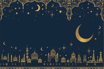 Architecture mauresque, bordure de mosquées et bâtiments arabes avec des motifs et arches et croissants de lune pour le ramadan, le carême musulman islamique, sur fond bleu nuit.