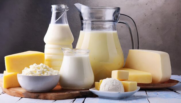 Generated image of dairy products including milk, cheese and butter on a table