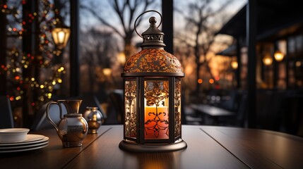 christmas lantern on a table and tree in a background, in the style of spectacular backdrops, vibrant and lively hues