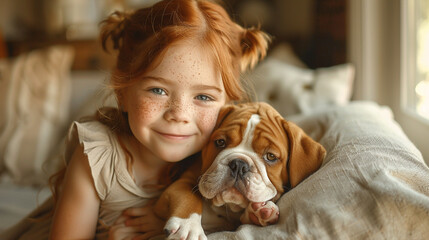 A little cute girl is sitting on the sofa in the living room and holding puppies in her hands.