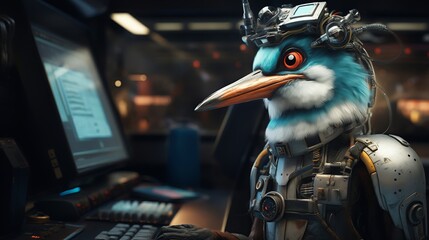 A robot with a hummingbird head, working as a Mission Control Specialist, overseeing space missions with rapid efficiency - obrazy, fototapety, plakaty