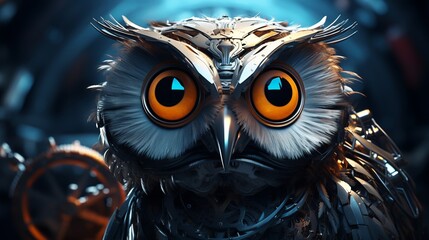 realistic. An Astrophysicist robot with an owl head, wisely unraveling the secrets of black holes and dark matter. , cinematic style. - obrazy, fototapety, plakaty