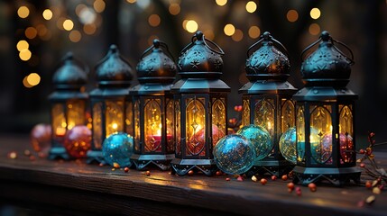 christmas lanterns on wooden table and christmas tree, in the style of spectacular backdrops, colorful whimsy, luminous pointillism, colourful, night photography - obrazy, fototapety, plakaty