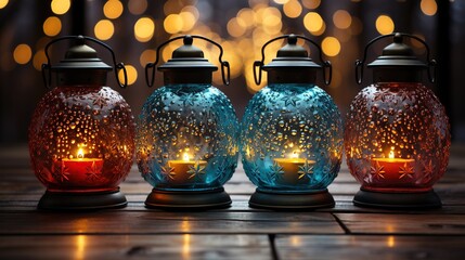 christmas lanterns on wooden table and christmas tree, in the style of spectacular backdrops, colorful whimsy, luminous pointillism, colourful, night photography - obrazy, fototapety, plakaty