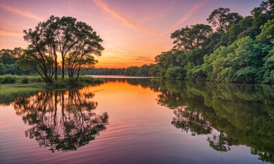 beauty of nature unfolds as the sun dips below the horizon, casting a magical light over the mirror-like lake that perfectly reflects the silhouettes of the lush trees
