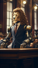 A robot with a lion head, defending clients in court with a commanding and noble presence., cinematic style - obrazy, fototapety, plakaty