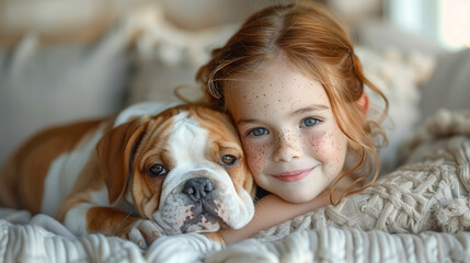 A little cute girl is sitting on the sofa in the living room and holding puppies in her hands.