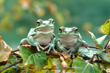 Naklejka premium A pair of Australian green tree frogs on a tree branch.