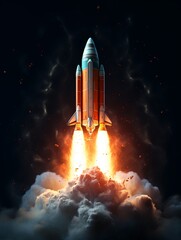 A powerful space shuttle erupts in a blaze of flames and smoke as it launches into the dark cosmos, dotted with stars.