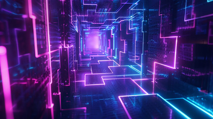 Fototapeta premium 3d render of a holographic wireframe maze with a dynamic path solution