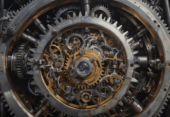 Fototapeta na wymiar Close up view of gears from old mechanism. Generative AI