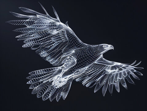 3d render of a holographic wireframe eagle soaring with spread wings