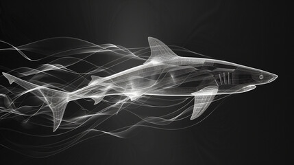 3d render of a wireframe shark swimming with a dynamic trail