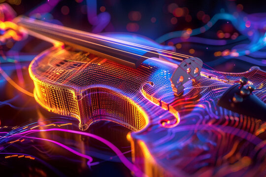 3d render of a wireframe violin emitting a colorful holographic sound wave