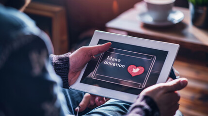 Two hands are holding a tablet displaying a 'Make a donation' screen with a heart symbol, suggesting an online charitable contribution.