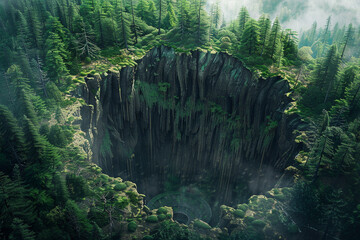 A surreal visualization of a sinkhole forming in a forested area the earth collapsing into an unknown abyss