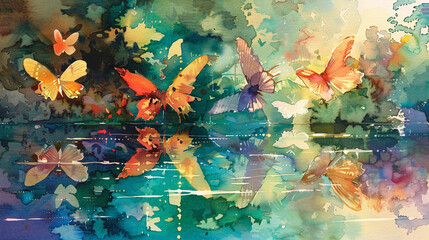A tranquil watercolor riverside where people with wings of all colors reflect on the waters surface