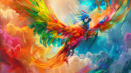 Fototapeta na wymiar A vibrant painting of a mythical bird in flight its feathers a kaleidoscope of colors eyes gleaming with overexpressive delight