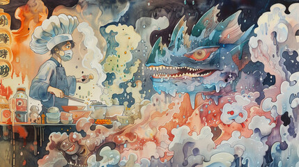 A watercolor adventure scene featuring a brave chef discovering a lost world of sushi monsters