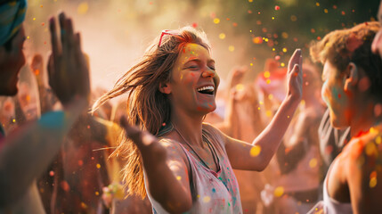 Happy young woman having fun and dancing in crowd at Holi festival of colors, summer party or music festival