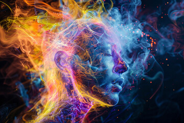 An abstract creature made of light its face an explosion of colors embodying the essence of overexpression