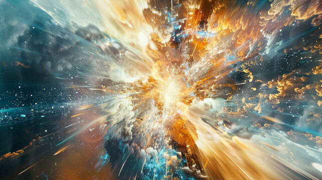 Abstract visions of atomic fusion where particles collide and merge in bursts of creative energy