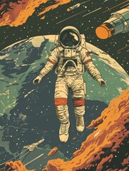 Astronaut Floating Beside Rocket in Space. Printable Wall Art.