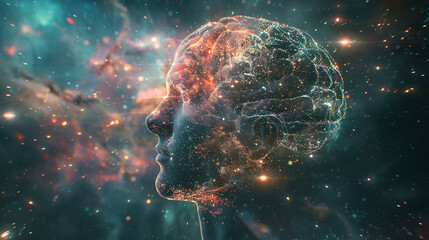 Double exposure of an AI brain and cosmic stars depicting the vast intelligence of robots exploring the unknown