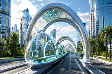 Futuristic transit system enclosed in glass arches weaving through a city with avant garde architecture at every turn