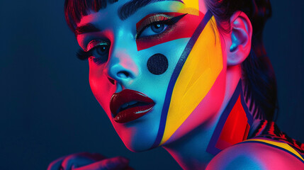 Portrait photography of a woman her make up a homage to pop art with sharp contrasts and pop...