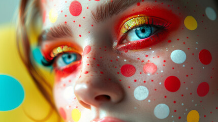 Portrait photography of a woman with make up mimicking pop art including dots and bright color...