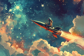Retro delivery man on a mission riding a rocket through a stylized star filled sky - obrazy, fototapety, plakaty