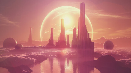 Retro futuristic landscape where atomic energy powers abstract geometric cities under a twilight sky