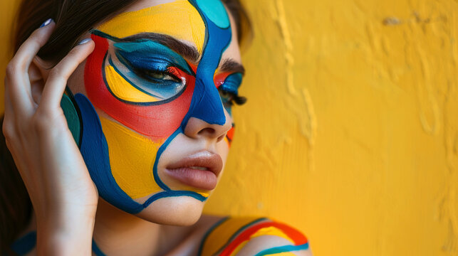 Portrait photography of a woman her face painted with bold pop art style make up capturing her in a thoughtful pose