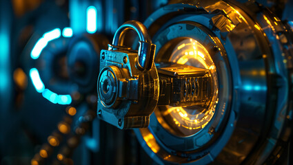 close-up of a closed padlock in a IT cyber environement illuminated in an it style yellow and blue