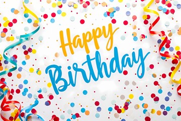 Vibrant confetti gracefully surrounds the elegantly scripted "Happy Birthday" message on a clean, white background.