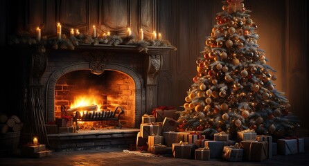 christmas tree in front of the fireplace on the wooden table, golden light, vibrant stage backdrops, nostalgic imagery - obrazy, fototapety, plakaty