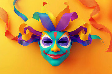 Colourful carnaval mask. Aprils Fools Day costume isolated on yellow background - obrazy, fototapety, plakaty