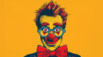 Clown with red nose, bow tie and quirky glasses illustration isolated on yellow background - obrazy, fototapety, plakaty
