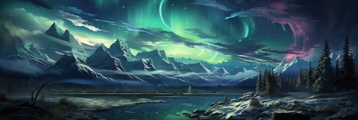 christmas world illustration, in the style of atmospheric skies, blurred landscapes, aurorapunk, spectacular backdrops, festive atmosphaere, sparse backgrounds - obrazy, fototapety, plakaty