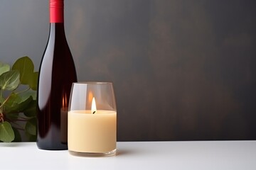 A blank label wine bottle next to a lit candle, ready for branding. Wine Bottle and Candle Mockup