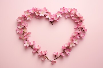 A delicate heart wreath made of pink blossoms on a soft pastel pink background. Pink Floral Heart on Pastel Background