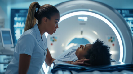 healthcare professional, likely a technician or a nurse, attending to a patient who is lying down on the table of a CT (Computed Tomography) scanner