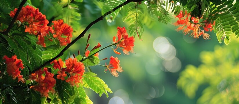 A branch of a Gulmohar tree, also known as a Royal Poinciana, adorned with bright red flowers. The vibrant green leaves provide a striking contrast to the vivid red blooms.