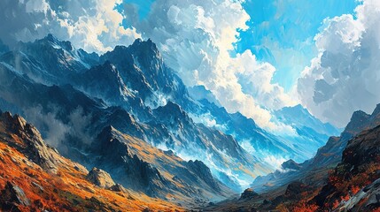 clouds covering mountains above a campsite, in the style of colorful imagery, natural symbolism - obrazy, fototapety, plakaty