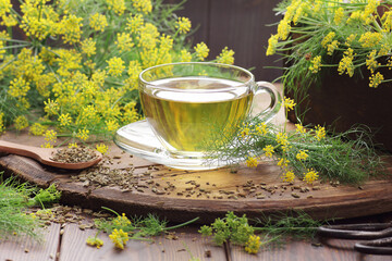Fennel seed tea or extract on wooden background with fresh flowers nearby, copy space, natural medicine, drink for breast milk production, sleep and stress care tea concept