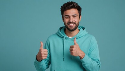 A casual man in a teal hoodie gives thumbs up, indicating positivity and casual confidence. - obrazy, fototapety, plakaty