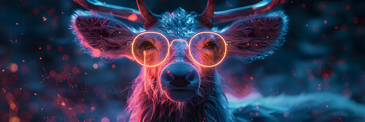 A deer with glowing antlers standing in a forest,
Neon Cyberpunk Futuristic Portrait in Pop Art 3d wallpaper background image - obrazy, fototapety, plakaty