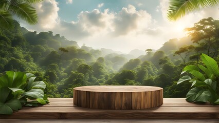 Empty product podium in tropical forest with tropical leaves for product presentation and green nature, jungle, sun in background.

 - obrazy, fototapety, plakaty